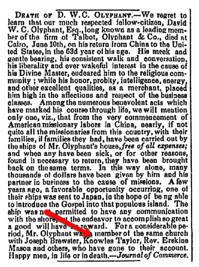 obituary for David Olyphant, Spectator newspaper article 17 July 1851