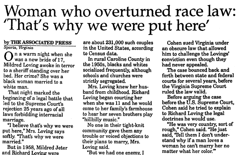 article about Richard and Mildred Loving, St. Albans Daily Messenger newspaper article 28 October 1992