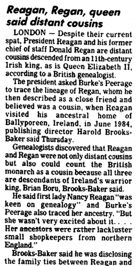 an article about the Reagans' family history, State Times Advocate newspaper article 13 May 1988