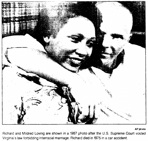 photo of Richard and Mildred Loving, Trenton Evening Times newspaper article 1 November 1992