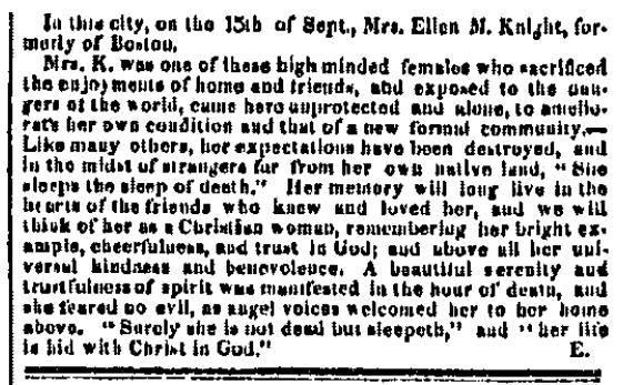 obituary for Ellen Knight, Weekly Alta California newspaper article 19 October 1850