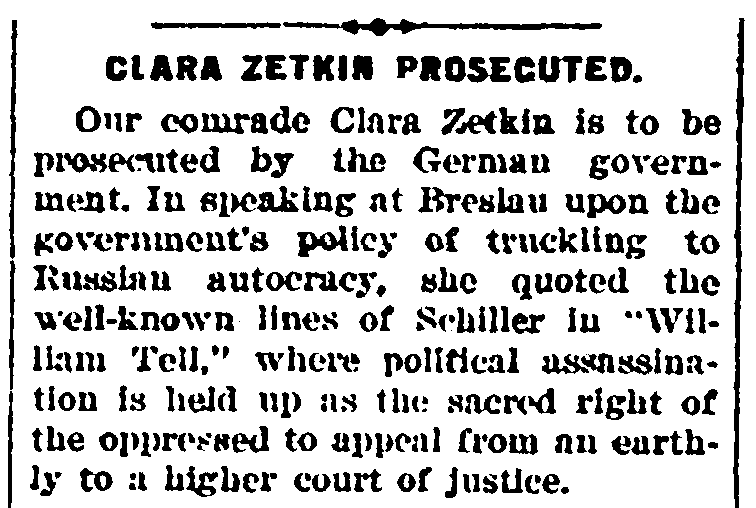 article about Clara Zetkin, Worker newspaper article 31 July 1904
