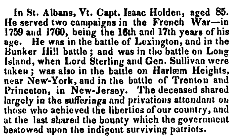 obituary for Isaac Holden, Boston Traveler newspaper article 27 July 1827
