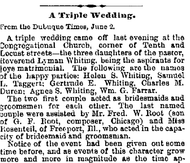 article about a triple wedding, Cincinnati Daily Gazette newspaper article 10 June 1868