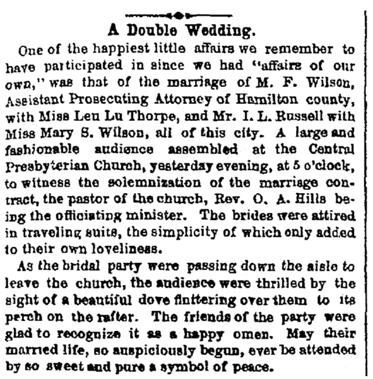 article about a double wedding, Cincinnati Daily Gazette newspaper article 2 October 1867