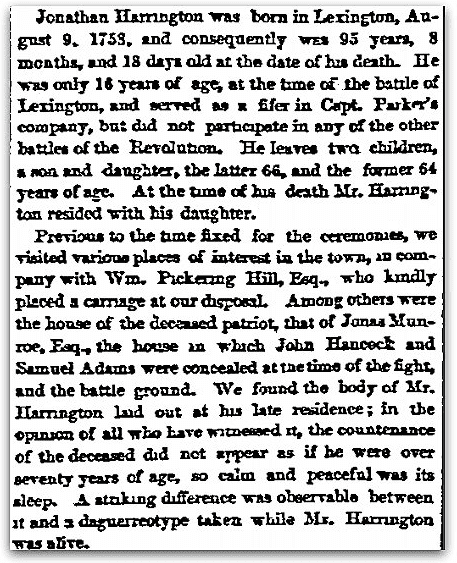 obituary for Jonathan Harrington, Daily Atlas newspaper article 31 March 1854