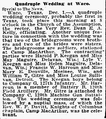 article about a quadruple wedding, Dallas Morning News newspaper article 2 December 1917