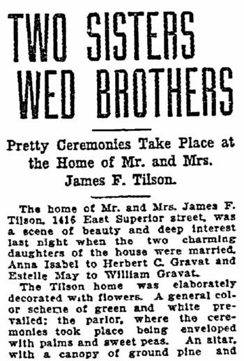 article about a double wedding, Duluth News-Tribune newspaper article 7 June 1906