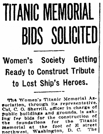 an article about the Titanic Memorial, Evening Star newspaper article 13 February 1925