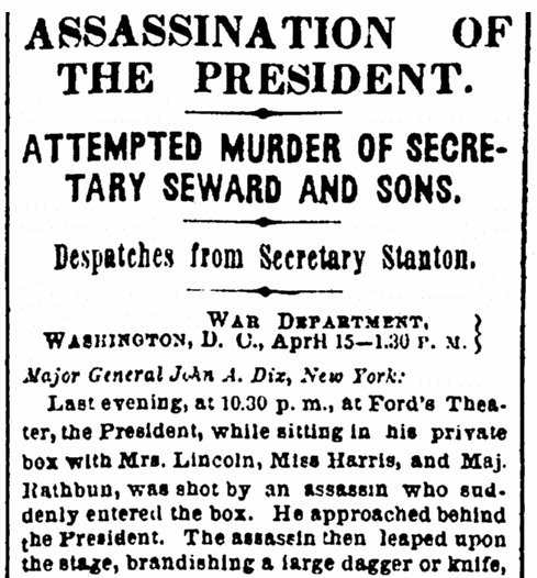 article about the assassination of President Abraham Lincoln, Evening Star newspaper article 15 April 1865