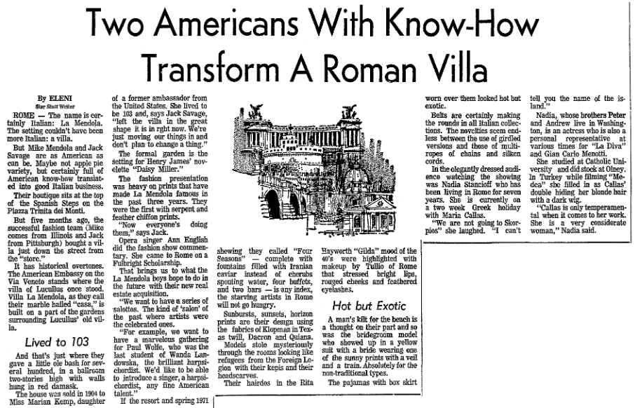 article about Marion Kemp's villa in Rome, Italy, Evening Star newspaper article 2 August 1970