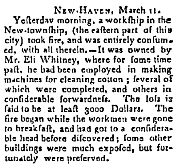 article about Eli Whitney, Federal Spy newspaper article 17 March 1795