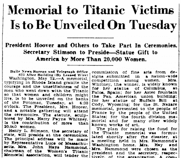 an article about the Titanic Memorial, Greensboro Daily News newspaper article 23 May 1931