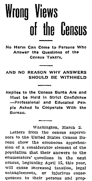 article about the U.S. Census, Gulfport Daily Herald newspaper article 4 March 1910