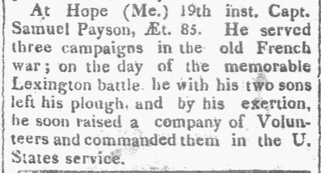 obituary for Samuel Payson, Hallowell Gazette newspaper article 21 July 1819