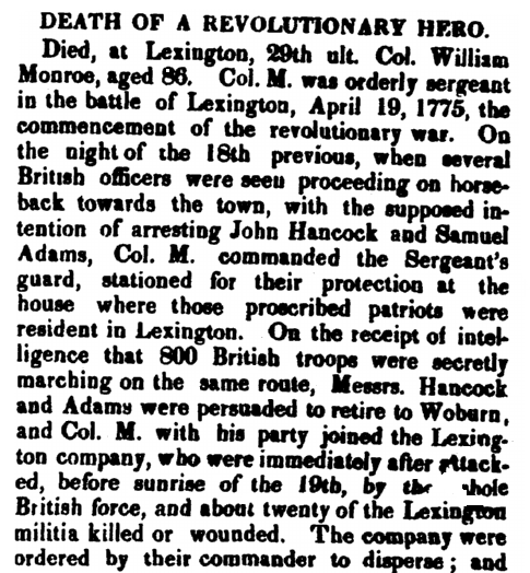 obituary for William Monroe, Hampshire Gazette newspaper article 14 November 1827