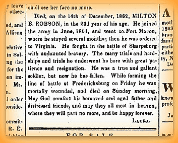 obituary for Milton Robson, Hillsborough Recorder newspaper article 28 January 1863