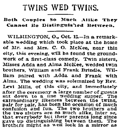 article about a double wedding of twins marrying twins, Indiana State Journal newspaper article 19 October 1898