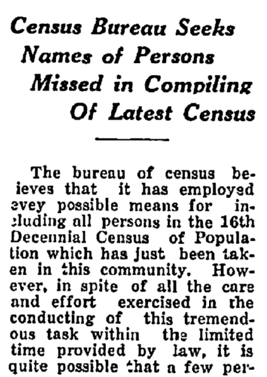 article about the U.S. Census, Kansas Whip newspaper article 24 April 1940