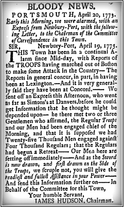 article about the Battle of Lexington, New Hampshire Gazette newspaper article 21 April 1775