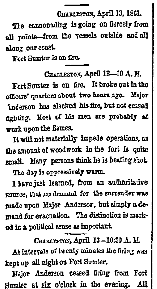 article about the surrender of Fort Sumter, ending the first battle of the Civil War, New York Herald newspaper article 14 April 1861