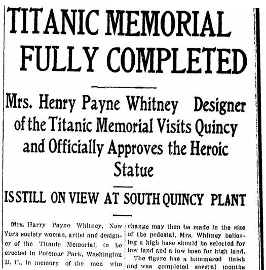 an article about the Titanic Memorial, Patriot Ledger newspaper article 5 October 1916