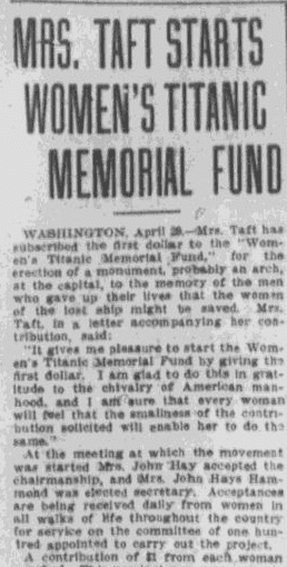 an article about the Titanic Memorial Fund, Pawtucket Times newspaper article 29 April 1912