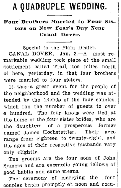 article about a quadruple wedding, Plain Dealer newspaper article 3 January 1899