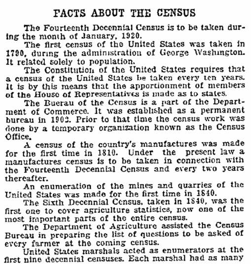 article about the U.S. Census, Pueblo Chieftain newspaper article 24 November 1919