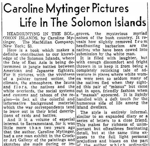 article about Caroline Mytinger, Sacramento Bee newspaper article 16 January 1943