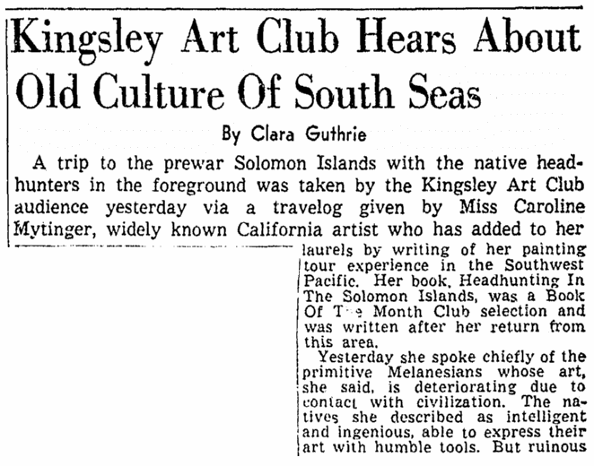 article about Caroline Mytinger, Sacramento Bee newspaper article 6 April 1944