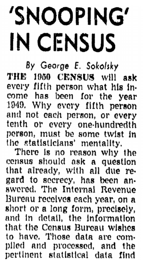 article about the U.S. Census, San Diego Union newspaper article 17 December 1949