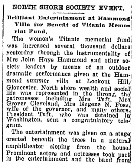 an article about the Titanic Memorial Fund, Springfield Republican newspaper article 27 August 1912