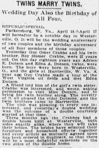 article about a double wedding of twins marrying twins, St. Louis Republic newspaper article 19 April 1900