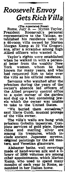 article about Marion Kemp's villa in Rome, Italy, Times-Picayune newspaper article 4 July 1944