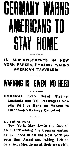 article about the passenger ship Lusitania, Aberdeen Daily News newspaper article 1 May 1915