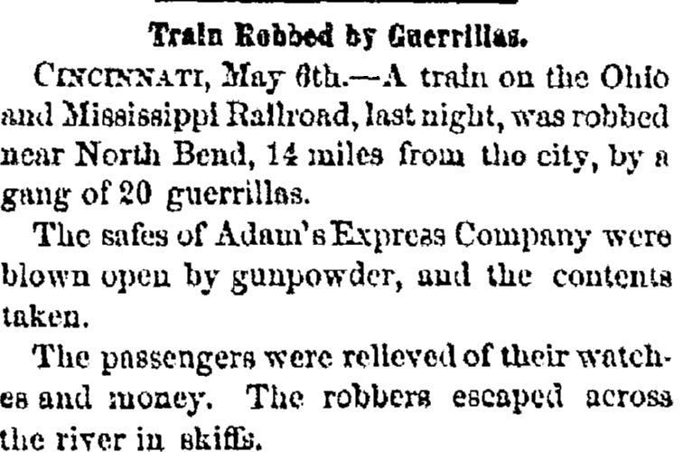 article about a train robbery, Albany Evening Journal newspaper article 6 May 1865