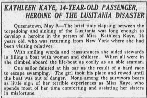 article about Kathleen Kaye, a hero of the Lusitania disaster, Boston Journal newspaper article 10 May 1915