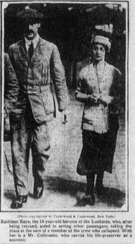 article about Kathleen Kaye, a hero of the Lusitania disaster, Boston Journal newspaper article 24 May 1915