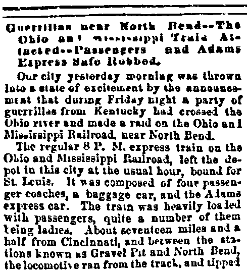 article about a train robbery, Cincinnati Daily Enquirer newspaper article 8 May 1865