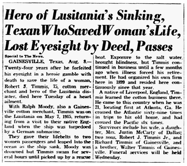 obituary for Robert James Timmis, a hero of the Lusitania disaster, Dallas Morning News newspaper article 9 August 1939