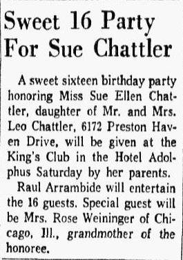 article about Sue Chattler, Dallas Morning News newspaper article 30 October 1959