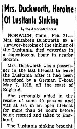 obituary for Elizabeth Duckworth, a hero of the Lusitania disaster, Evening Star newspaper article 21 February 1955