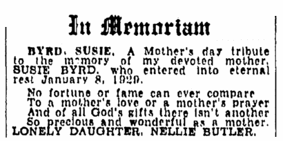 memorial to Susie Byrd, Evening Star newspaper article 9 May 1943