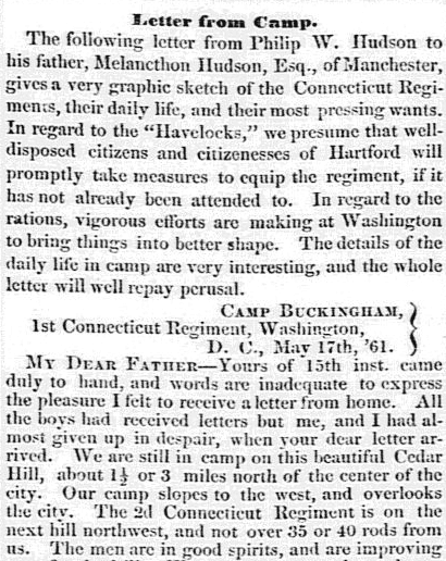 article featuring a letter from Civil War soldier Philip W. Hudson, Hartford Daily Courant newspaper article 22 May 1861