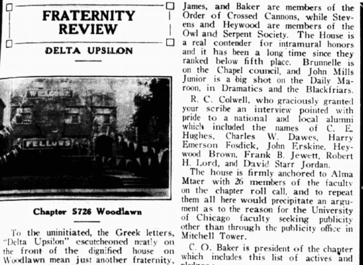 an article about the college fraternity Delta Upsilon, Hyde Park Herald newspaper article 30 May 1930