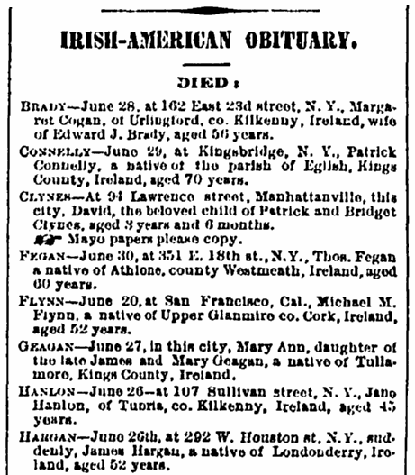 Irish American obituaries, Irish American Weekly newspaper article 10 July 1880