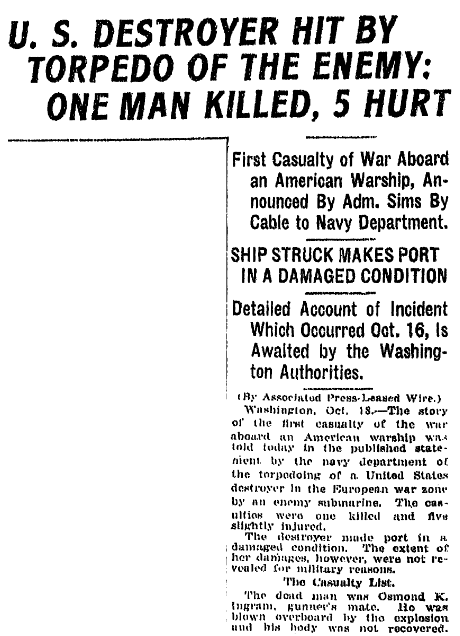 article about the USS Cassin being attacked during WWI, Jackson Citizen Patriot newspaper article 18 October 1917