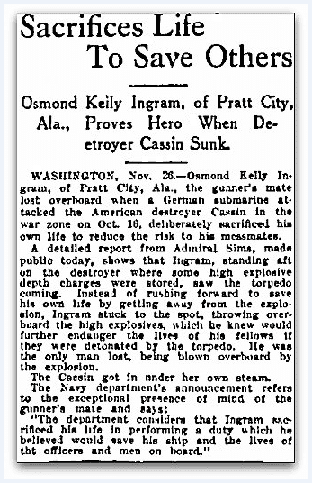article about Osmond Ingram, Macon Telegraph newspaper article 27 November 1917