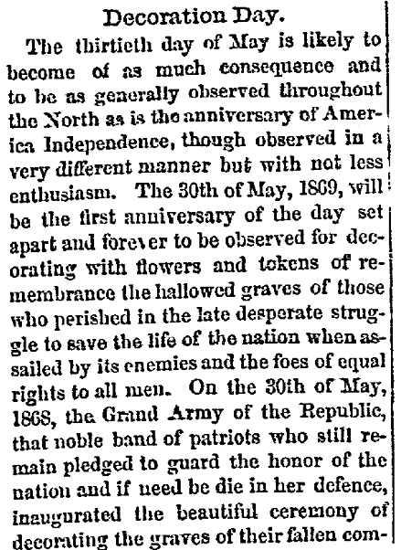 an article about Decoration Day, New Hampshire Sentinel newspaper article 13 May 1869